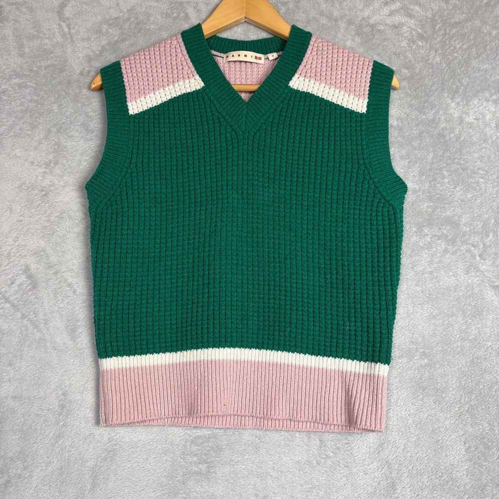 Marni x Uniqlo Green Pink Colorblock Waffle Knit Sweater Vest‎ V-Neck Womens M